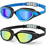 Freela 2 Pack Polarized Swim Swimming Goggles Adult Men Women, Youth Swim Goggles 180° Clear Wide View Anti Fog Waterproof UV Protection, Underwater Pool Beach Goggles Mirrored Blue & Green with Case