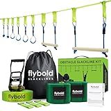 Flybold Obstacle Course for Kids - 40 Ft Ninja Warrior Slackline Kit with 8 Adjustable Obstacles - Tree Protectors, Twin Gear Ratchets, Carry Bag - Complete Outdoor Adventure Set