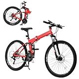 Ktaxon Folding Mountain Bike 21-Speed Adult Bikes 26/27.5 Inch Bike with High Carbon Steel Frame, Double-Kill Disc Brake System, Thickened Shock-Absorbing Front Fork (26" Red)