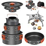 10 Pcs Smokey Camp Backpacking Cooking Set with Stove & Adapter - 2 Pots Large Medium 1 Kettle 1 Large Pan 1 Stove 2 Adpater, Compact Non-Stick Camping Cookware Mess Kit, All in One (with Kettle)