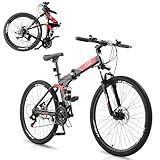 Ktaxon Folding Mountain Bike 21-Speed Adult Bikes 26/27.5 Inch Bike with High Carbon Steel Frame, Double-Kill Disc Brake System, Thickened Shock-Absorbing Front Fork (26" Black)