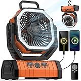 VOSFEEL Camping Fan - 20000mAh Battery Powered Fan Rechargeable with LED Lantern - Portable Outdoor Tent Fans with Hanging Hook 4 Speeds Wind Remote Control, Black and Orange
