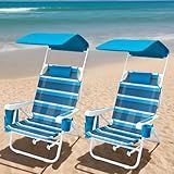 WTVIDAS 2 Pack Beach Chair with Canopy Shade, 5 Positions Lay Flat Textilene Reclining Beach Chair with Backpack Straps, Cooler Bag & Cup Holder for Outdoor Lawn Camping