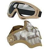 Aoutacc Airsoft Half Face Mask Steel Mesh and Goggles Set,Tactical Masks Protection Gear for Paintball BBS CS Nerf Game Cosplay Halloween Costume Accessories (Tan with Pattern)
