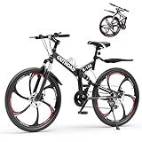 Brightpeak 26" Folding Mountain Bike – 21-Speed Full Suspension, Dual Disc Brakes & High-Carbon Steel Frame – Foldable MTB, Black