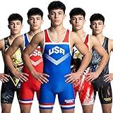 Exxact Sports Sublimated Men's Wrestling Singlet, High-Performance Powerlifting Singlet, Wrestling Singlets for Men (AM, Royal Blue USA)