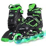 MammyGol Adjustable Inline Skates for Boys Girls Kids Youth with Light up Wheels, Green Beginner Blades Roller Skates for Boys Size 1 2 3 4 Ages 6-12