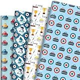 Pineraap Curling Wrapping Paper 12 Sheets Sports Gift Wrap with Stones,Brooms,Ice Designs for Curling Fans,Players,20"×28"