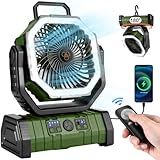 Odoland 30000mAh Camping Fan with LED Lantern, Rechargeable Battery Operated Oscillating with Remote & Hook, Portable Tent Fan with Timer, 4 Speeds for Outdoor Camp RV Jobsite Power Outage, Green