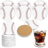 FoldTier 12 Pcs Baseball Drink Coasters 4 Inch Round Ceramic Drink Coasters with Absorbent Cork Backing Table Protection Fun Sports Gifts for Baseball Team Fans Coaches Party Favors(White)