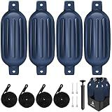 Dreizack Boat Fenders 4 Pack 6.5"x23", Boat Bumpers for Docking with 4 Ropes, Inflatable Ribbed Marine Pontoon Boat Fender Bumper for Docks with 1 Storage Bag, 1 Air Pump and 4 Needles, Blue