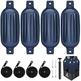 Dreizack Boat Fenders 4 Pack 6.5"x23", Boat Bumpers for Docking with 4 Ropes, Inflatable Ribbed Marine Pontoon Boat Fender Bumper for Docks with 1 Storage Bag, 1 Air Pump and 4 Needles, Blue