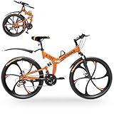 Outroad 26 Inch Folding Mountain Bike, 21 Speed Full Suspension High-Carbon Steel MTB Foldable Bicycle, Dual Disc Brake Non-Slip Folding Bikes for Adults/Men/Women, Orange