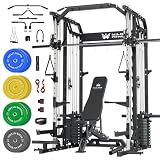 Major Fitness Drone2 Premium Smith△ Machine, All-in-One Home Gym Squat Rack with Aluminum Pulley Set, Weight Bar (SL D2AW Package(with Black Bench+230lb))
