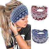 SILENCIO Gym Headbands Bohemian Headbands for Women Men, Stretch Wide Hair Bands Stylish Yoga Sweatband for Workout, Running, Tennis, Badminton, Marathons, Cycling, 2 Pcs Red+Blue