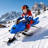 GYMAX Snow Racer Sled, Sled with Steering Handles, Brakes, Tow Rope (Blue)