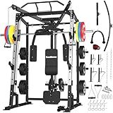 SunHome Smith Machine, Power Cage Squat Rack with Smith Bar, LAT Pull-Down Systems, Cable Crossover Machine and Cable Attachment for Home Gym
