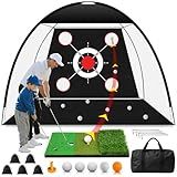 EXOEMTS Golf Net 10x7FT with Tri-Turf Mat, Ball, Target & Bag, All-in-One Golf Practice Hitting Net for Backyard Driving, Chipping & Swing, Indoor Outdoor Training Aid, Gift for Men Dad Him Golfer