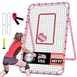 5-Angle Adjustable Volleyball Rebounder Net 7x4ft, Durable & Portable Bounce Back Training Equipment for Practicing Volleying Bumping Spiking with High-Tension Net, PU Volleyball, Pump, Stakes (Pink)