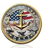 USA Navy 250th Anniversary Challenge Coin, 1.6 inch Commemorative Collectible Coin, Gold Tone Iron Copper Alloy, Military Veteran Gift Keepsake