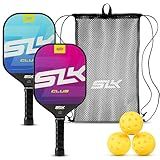 SLK Club Pickleball Paddle Bundle by Selkirk | Graphite & Fiberglass Face | SX3 Honeycomb Core | Ultimate Starter Set | 2 Lightweight Paddles | 3 Hybrid+ Pickleballs | 1 Mesh Sling Bag