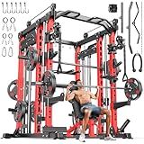 Smith Machine with Cable Crossover System, Multi-Function Power Cage Squat Rack for Home Gym, Power Rack and Packages Weight Sets. (Red, L04-Smith Machine+Bench+(Pole+Cast lron) 250LBS)