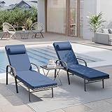 RTDTD 3 Pieces Patio Chaise Lounge Set Outdoor PE Rattan Armrest Lounge Chair Adjustable Backrest Reclining Chair with Folding Table and Cushion for Patio Poolside Backyard Porch Beach(Navy Blue)