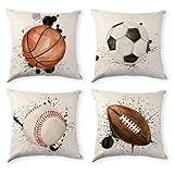 Sports Pillow Cover Kids Room Baseball Soccer Throw Pillow Cover 18x18 Set of 4, Toddler Boys Bedroom Watercolor Football Couch Cushion Basketball Pillowcases Decorative Sofa Bed Bench Home Decoration
