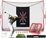 ZEALFEEL Golf Net, 10x7ft Practice Net with Chipping Net, Foldable Mat, Silk Target, 8 Tees, 6 Balls, Carry Bag, Golf Hiting Nets for Backyard Driving Chipping Indoor Outdoor Use