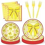 Havawish 96 Pcs Coquette Bow Softball Party Supply Softball Sports Birthday Party Decoration Disposable Paper Plates and Napkins Baby Shower Tableware Dessert Dinnerware for Women Sports Team 24 Guest