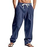 TAFLE Mens Linen Pants Casual Summer Beach Pants Elastic Waist Drawstring Lightweight Vacation Trousers with Pockets Navy