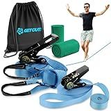 Get Out! Slackline Beginner Kit for Kids and Adults – Classic Slackline with Training Line Complete Kit Bright Blue
