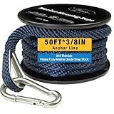 Double Braided Nylon Boat Anchor Rope 3/8inch with 316 Stainless Steel Thimble and Heavy Duty Snap Hook Marine Grade Anchor line Black (Navy Blue, 50Feet)