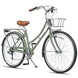 AVASTA 26 Inch Hybrid Bike, Lightweight Step-Through High Tensile Steel Frame for City Commuting, 6 Speed Comfort Bicycle with Metal Basket in Elegant Green with Stylish Black Tires for Woman Female