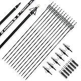 BOWSOUL 30inch Hunting Carbon Archery Arrows with 2.75” High Hardness Vanes Spine 400 for Compound Bow and Recurve Bow (Black White&Broadheads)