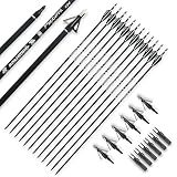 BOWSOUL 30inch Hunting Carbon Archery Arrows with 2.75” High Hardness Vanes Spine 400 for Compound Bow and Recurve Bow (Black White&Broadheads)