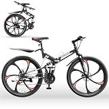 Outroad 26 Inch Folding Mountain Bike, 21 Speed Dual Disc Brake Non-Slip Folding Bikes, Full Suspension High-Carbon Steel MTB Foldable Bicycle for Adults/Men/Women, Black