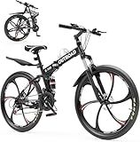 Max4out 26 Inch Folding Mountain Bike, 21 Speed Full Suspension Bicycle with High-Carbon Steel, Dual Disc Brake Non-Slip Quick Release tire Folding Bicycle for Adults/Men/Women(LH-Black)