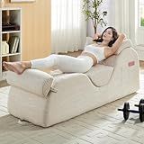 ijuicy 25" Wide Corduroy Yoga Chair, Yoga Lounge Chair for Adults, Chaise Lounge Chair Indoor/Yoga Lounger with Headrest, Waist Cushion, Movable Footrest, Side Pockets, High Density Sponge-Beige