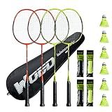 Badminton Racket Set of 4, Professional Carbon Fiber Badminton Rackets Badminton Racquet for Backyards Gym with 6 Shuttlecocks 4 Grip Tape and 1 Badminton Bag, Yellow Orange