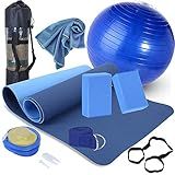 Beginner's Yoga Starter Kit Set - 6mm Thick Non-Slip Exercise Yoga Mat, 2 Yoga Blocks, Yoga Ball, Yoga Strap with Carrying Strap Net Bag, 11-Piece Yoga Mat Kits and Sets for Women and Men (Blue)