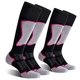 CS CELERSPORT Women's Merino Wool Ski Socks, 2 Pack Thermal Warm Winter Thick Knee High Snowboarding Skiing Socks, Black+Rose Red, Small