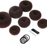 Teenitor Donut Hair Bun Maker Set - 7 Rings (1 Extra-Large, 2 Large, 2 Medium, 2 Small), 5 Elastic Bands, 20 Hair Pins, Dark Brown