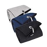 LUSTEMBER 3 Pack Large Golf Towels, 16" x 24" Tri-Fold Portable Microfiber Fabric Waffle Pattern Golf Towel for Golf Bag with Carabiner Clip to Quickly Remove Sand, Mud, Dirt and Sweat