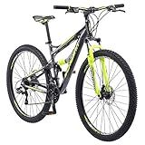 Schwinn Traxion Mountain Bike for Adult Men Women, 29-Inch Wheels, Full Suspension, 24-Speed Shimano Drivetrain, Trigger Shifter, 18-Inch Aluminum Frame, Mechanical Disc Brake, Matte Grey/Neon Green