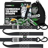 Rhino USA Motorcycle Tie Down Straps (2 Pack) Lab Inspected 2,200lb Break Strength, Steel Cambuckle Tiedown Set with Integrated Soft Loops - Better Than a Ratchet Strap (Black 2-Pack)