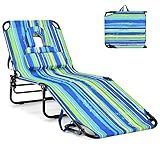 GYMAX Tanning Chair, 350lbs Beach Lounge Chair with Face Hole, Washable Pillow & Carry Strap, Adjustable Folding Chaise Lounge, Layout Chair for Outside, Patio, Poolside, Lawn (1, Stripe)