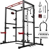 Sportsroyals Power Rack, Multi-Functional Power Cage with LAT Pulldown Pulley System, Squat Rack with More Training Attachments for Home Gym (RED)，1200 lbs Weight Capacity