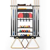 Pool Cue Rack Wall Mount, Billiard & Ping Pong Paddle Storage Organizer | 2-in-1 Game Room Organizer Holds 6 Pool Sticks, Balls, Rack, Chalk, Brush and Table Tennis Accessories, 100% Solid Pine Wood