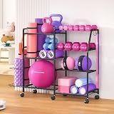 Dumbbell Rack, Weight Rack for Home Gym, Yoga Mat Storage Rack, Exercise Equipment Storage with Wheels and Hooks, Home Gym Equipment Organizer for Kettlebells